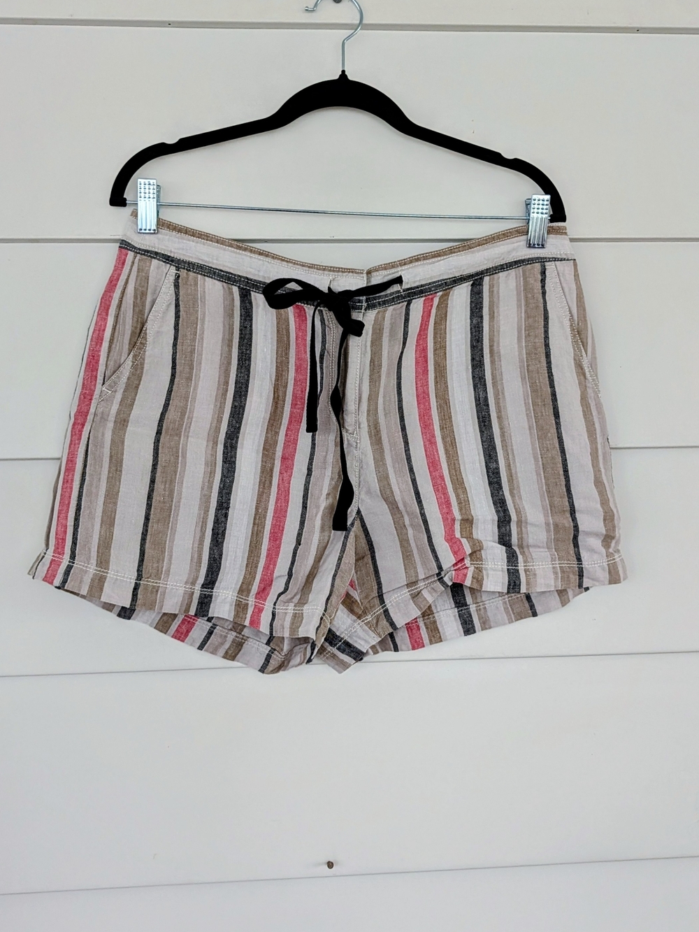 LOFT Striped Linen Shorts With Tie - Beige, Pink & Black, Size 10